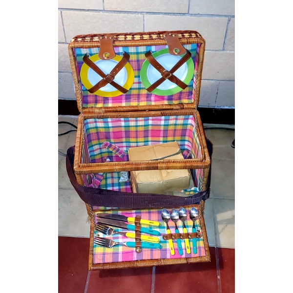 Vintage (Complete Set) Japanese Wicker Picnic Basket With Special Porcelain China Included See Pics