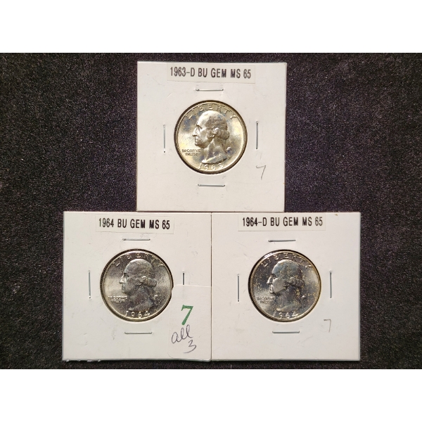Three Brilliant Uncirculated 90% Silver Washington Quarters - Face Value $0.75