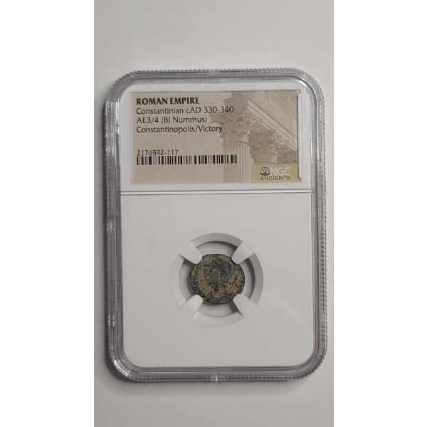NGC Constantinian cAD 330-340 AE3/4 BI NUMMUS Constantinopolis/Victory Ancient Roman Bronze Coin