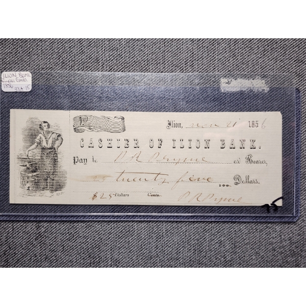 Rare 1856 Cashier of Ilion Bank 25 Dollar Paper Check in Good Condition! 