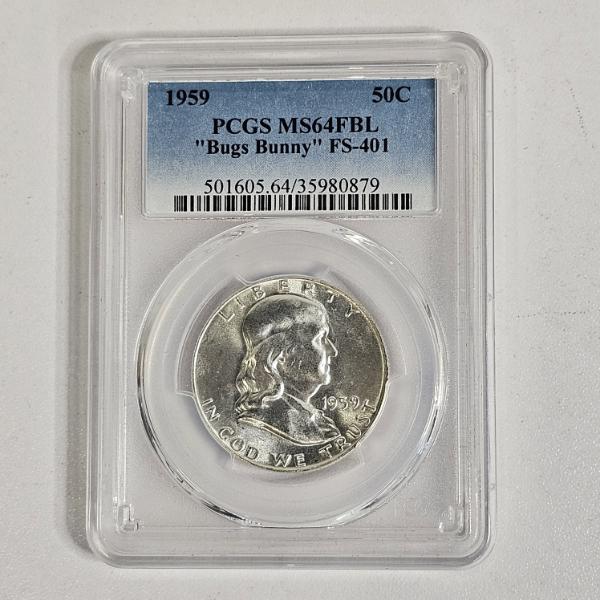 1959 90% Silver Franklin Half Dollar graded MS64FBL by PCGS "Bugs Bunny" obverse die clash variety 