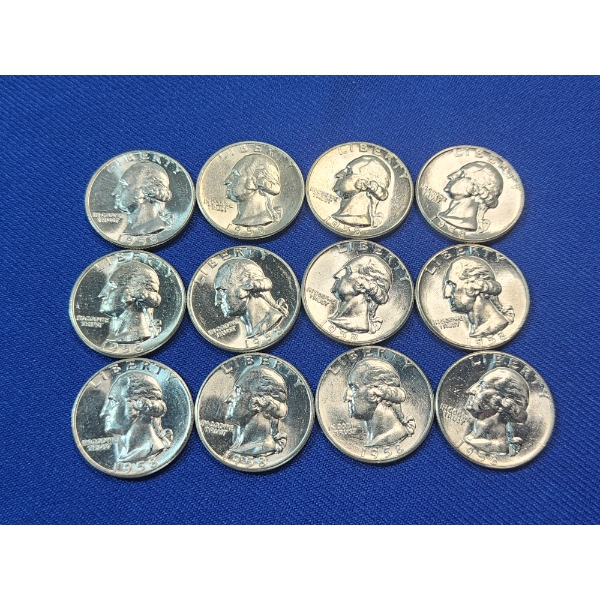 x12 1958 Brilliant Uncirculated Washington Quarters - 90% Silver - FV: $3.00
