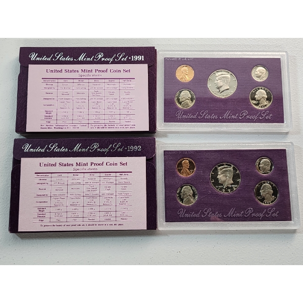 1991 and 1992 United States Mint Proof Sets In Original Packaging With CoA