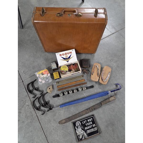Vintage Samsonite Suitcase, Cigar Box, Tins, Sleigh Bells, Doll & More!