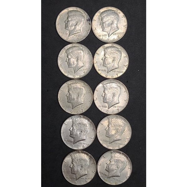 (10) 1967/1968 40% Silver Kennedy Half Dollars - Face Value: $5.00