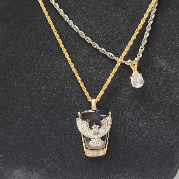 Onyx Eagle Pendant Necklace and Clear Stone Teardrop Pendant Necklace 