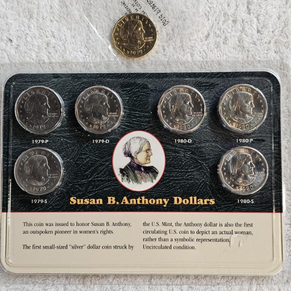 1979-1980 Susan B. Anthony 6-Coin Uncirculated Mint Set plus 1 Gold-Plated SBA Dollar Coin AFV $7.00