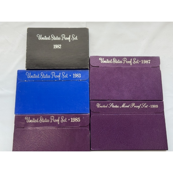 Five Assorted U.S. Mint Proof Sets: 1982, 1983, 1985, 1987 & 1989 - Great Condition