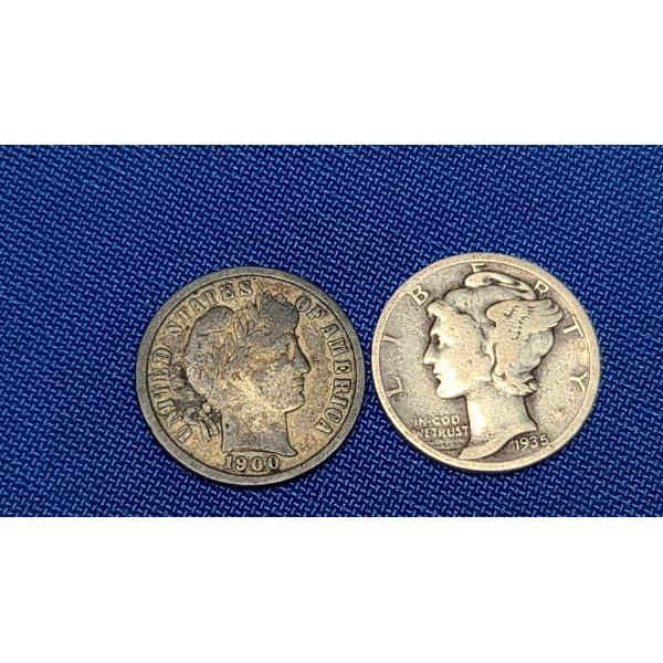 1900 90% Silver Barber Dime & 1935 90% Silver Mercury Dime - Face Value: $0.20
