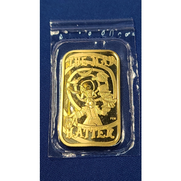 All-Chips 1 oz .999 Fine Silver & Gold Plated Bar Featuring "The Mad Hatter". Mintage 46/55
