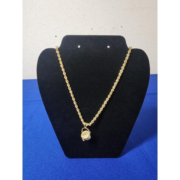 Gorgeous 14K Gold Necklace Rope Chain With Basket Charm 21.9g - 23in Chain