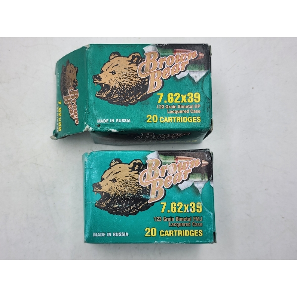 2 Full Boxes of Brown Bear 7.62x39 Rifle Ammunition -123 Grain HP & FMJ - Russian Made