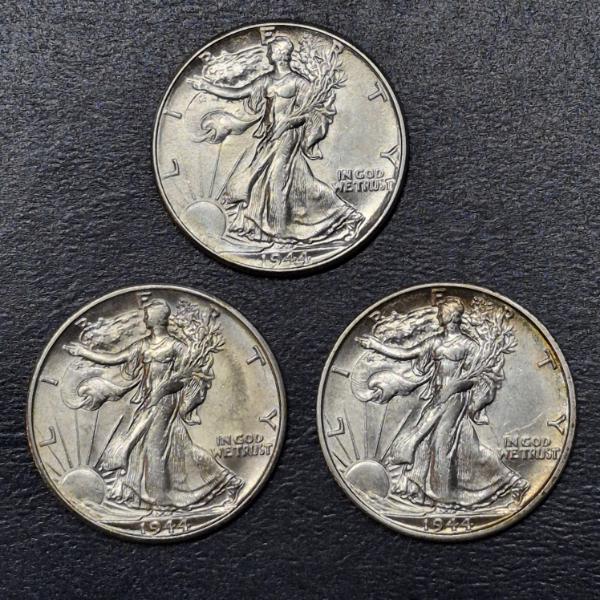 3 Pcs - 1944 P / 1944 D / 1944 S  Walking Liberty Half Dollars - High Grade - See Pics