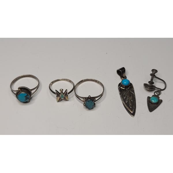 Assorted Vintage Sterling Silver Jewelry With Turquoise - Total Weight: 8.1g