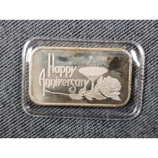 Vintage 1990 Silver Towne Happy Anniversary One Ounce .999 Fine Silver Bar 