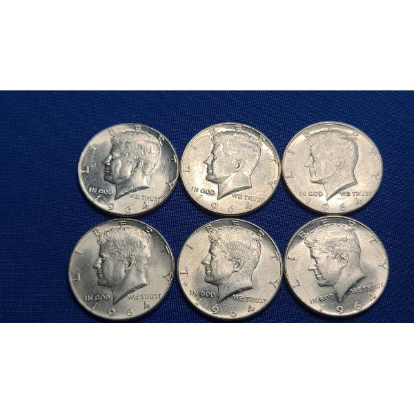 (6) 1964 90% Silver Kennedy Half Dollars - Face Value: $3.00