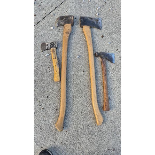 PICKUP IN CANTON - LOT OF 4 AXES AS SHOWN - 2 BROAD AXE & 2 HAND AXES / HATCHETS - GOOD CONDITION