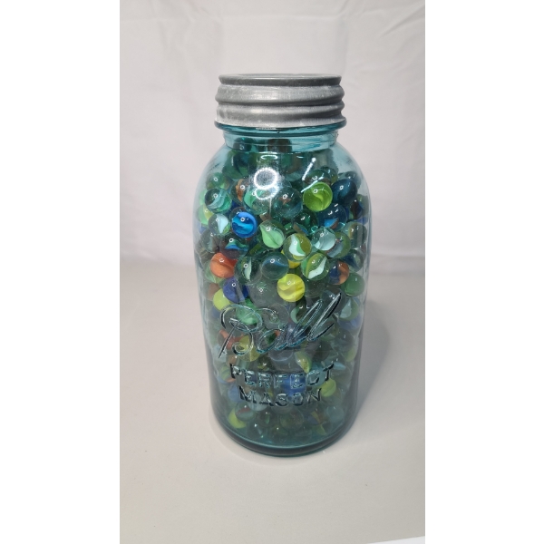 Vintage 64 Oz Ball Mason Jar Full Of Marbles With Some Uranium