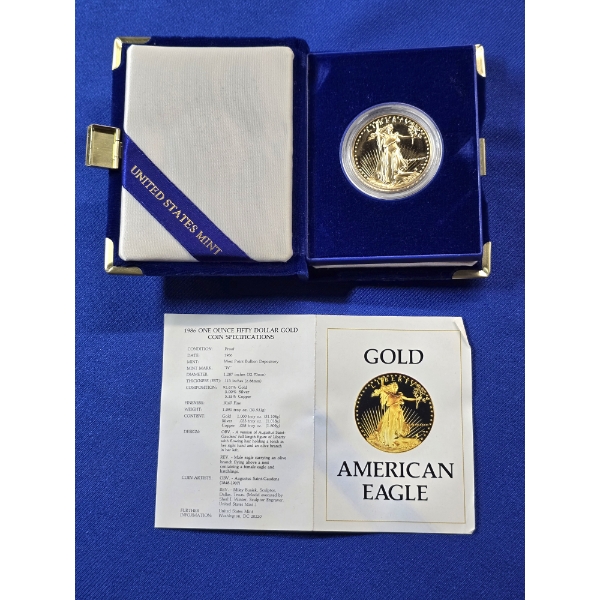 1986- W One Ounce Fine Gold $50 GOLD PROOF AMERICAN EAGLE Coin w/ Original Packaging & COA