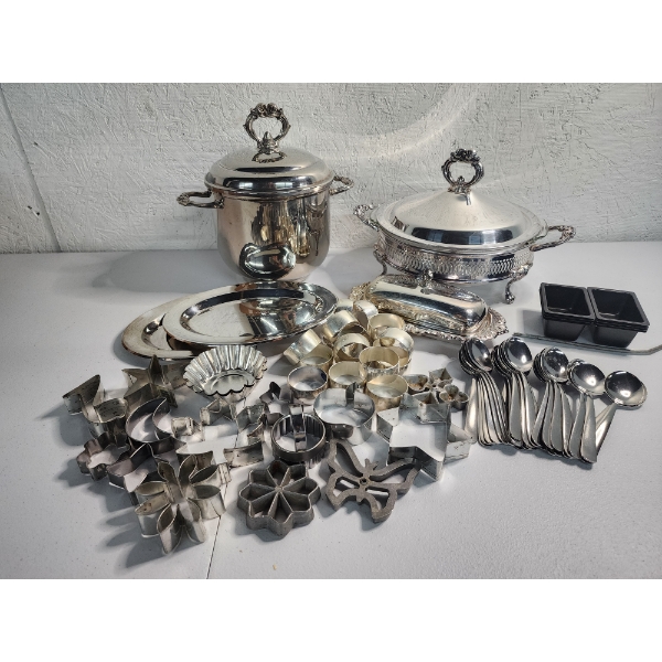 Assorted Serving Dishes, Utensils, and Cutouts: Including Some Silver-Plated and Stainless Steel