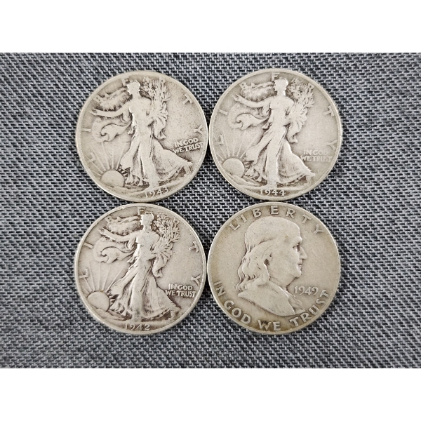 $2 Face Value in Assorted 90% Silver Half Dollars Ft. Walking Liberties & Franklin