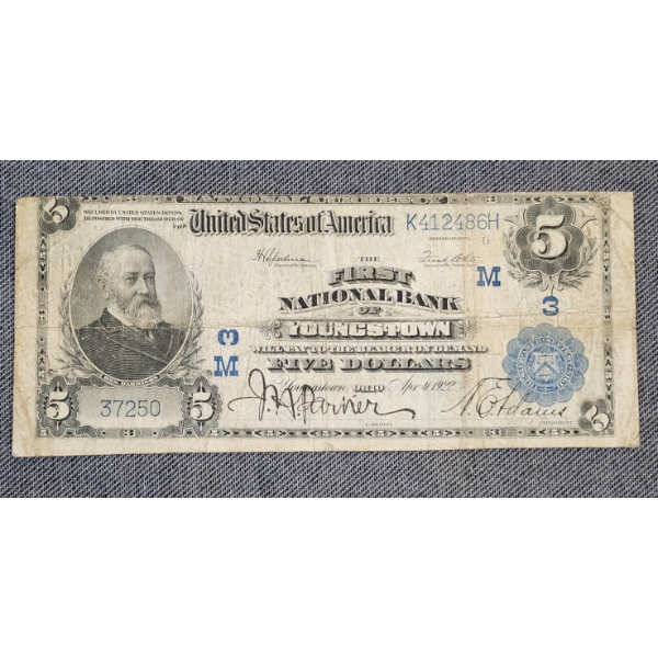 1902 U.S. Large Size $5 National Banknote By The First National Bank of Youngstown, Ohio ~ FR600