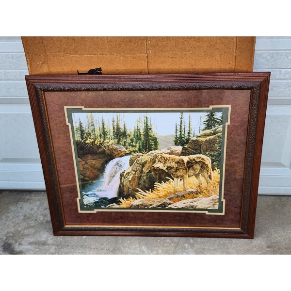 Vintage Wood Framed Nature Scene Wolf Print