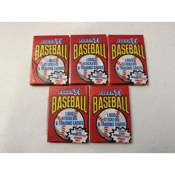 5 - 1991 Fleer Unopened Baseball Wax Packs - Mint Condition - 14 Cards Per Pack
