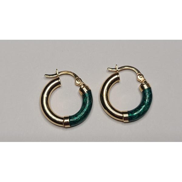 14K Yellow Gold Set Of Hoop Earrings With Green Enamel Inlay - Weight: 1.7g