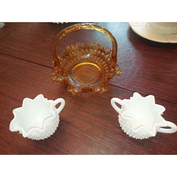 Small Fenton Group - 2 Pc Milk Glass Hobnail Creamer & Sugar & Amber Ruffled Basket Nice