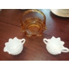 Image 1 : Small Fenton Group - 2 Pc Milk Glass Hobnail Creamer & Sugar & Amber Ruffled Basket Nice