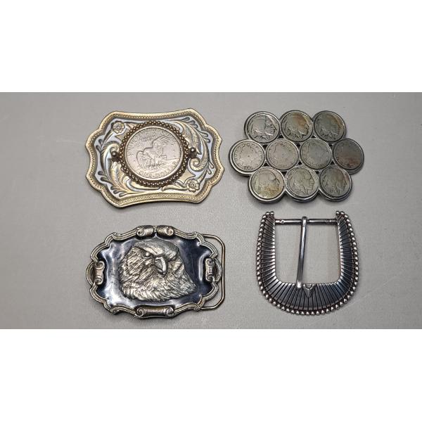 (4) Assorted Vintage Belt Buckles Featuring Western And Numismatic Designs