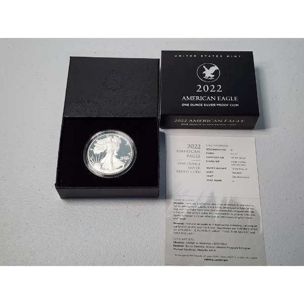 2022-S American Silver Eagle - 1 Troy oz .999 Fine Silver Proof Coin with Box & CoA