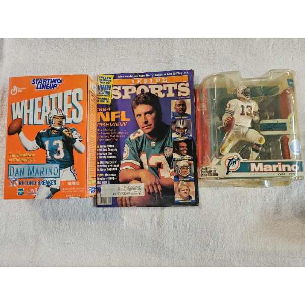 Lot of (3) Dan Marino Collectibles - Figure, Wheaties Box, and Magazine