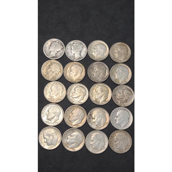 Assorted Years 90% Silver Mercury/Roosevelt Dimes - Face Value: $2.00