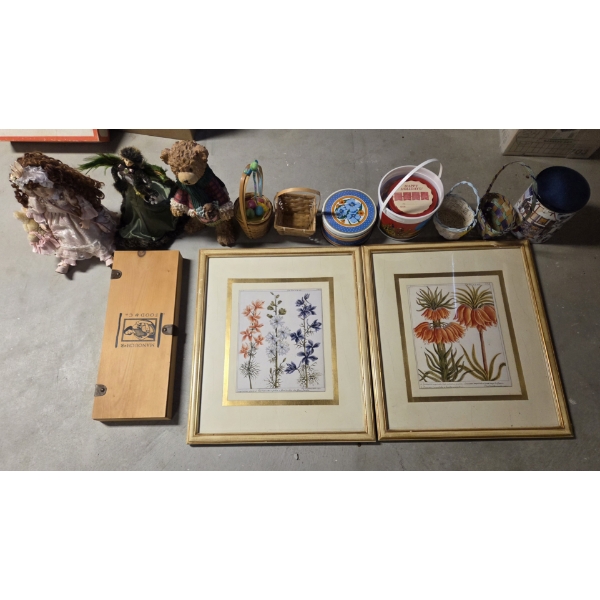 *Pick Up At Mantua Home-No Shipping Available* Pretty Framed Floral Prints, Tins, Baskets, Doll Deco