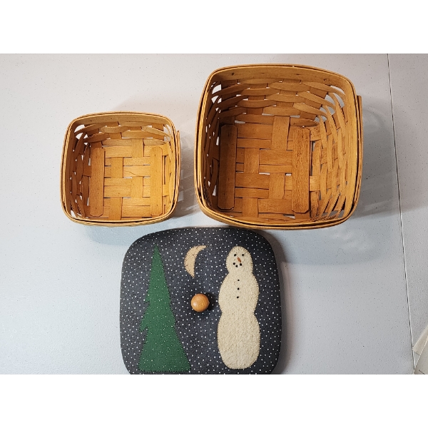 (2) Longaberger Square Baskets, Snowman Wooden Fabric Lid
