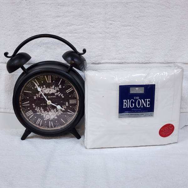 Decorative Oversize Alarm Clock & NEW IN PACKAGING Twin Extra Long White Sheets