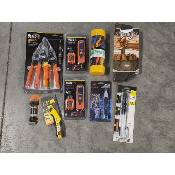 Brand New! Snips, Spring Clamps, Knife, Bucket Bag, Light, Testers & More