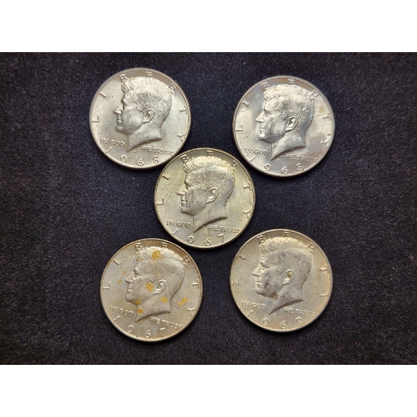 Five 40% Silver Kennedy Half Dollars - $2.50 Face Value