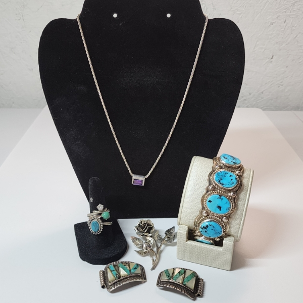 Beautiful Sterling Silver Jewelry Including Turquoise Pieces, Necklace, Ring, Pin - TW: 141.2g