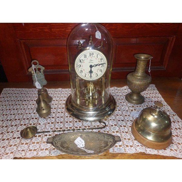 Nice Grouping Of Brass Table Pieces With Elgin 8 Day Spinning Anniversary Clock - See Pics