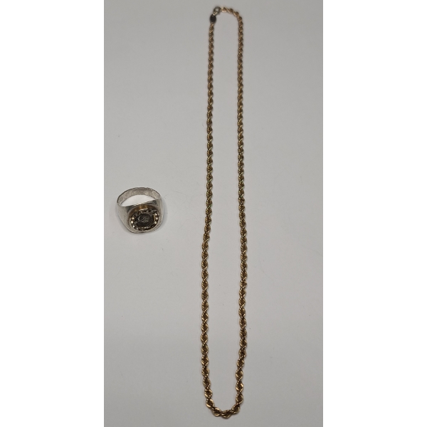 Sterling Silver Signet Ring & Sterling Silver/10K Gold Filled 20" Twisted Rope Necklace- 26.3g