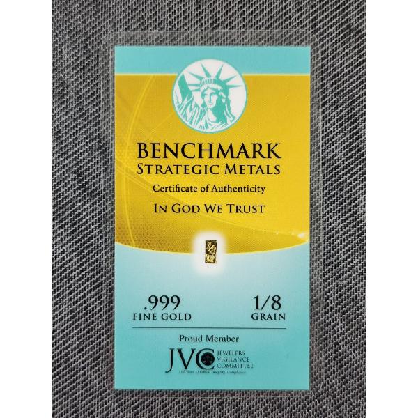 1/8 GRAIN .999 Fine Gold Bar by Benchmark Strategic Metals Mounted In Certificate of Authenticity 