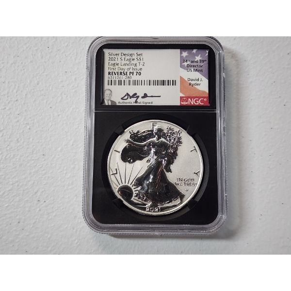 2021-S NGC Eagle Landing T-2 First Day Of Issue MS 70 Reverse Proof 1 oz Silver American Eagle