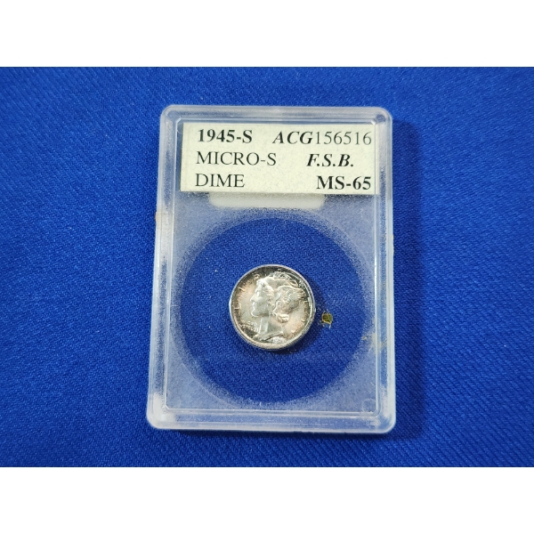 ACG MS 65 1945-S Mercury 90% Silver Dime MICRO "S'" Full Split Bands