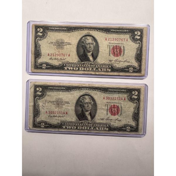 2 - 1953 United States Jefferson $2.00 Bills With Red Seals In Protective Holders