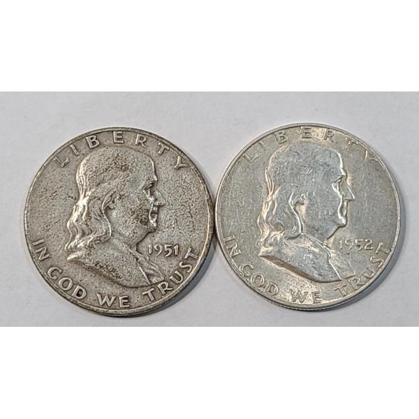 United States 1951-D & 1952-S 90% Silver Franklin Half Dollars - Face Value: $1.00