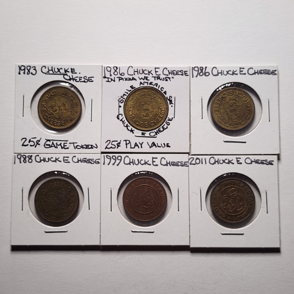 Six Assorted Chuck E. Cheese Game Tokens Dating Back to 1983 