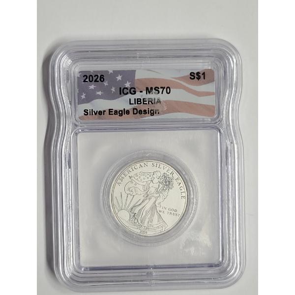ICG MS70 2026 Republic of Liberia Silver Eagle Design 1/10 Oz Of .999 Fine Silver 1 Dollar